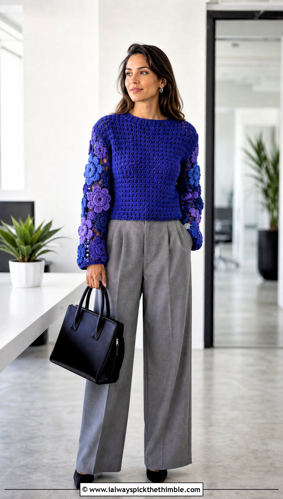 Flower Sleeve Crochet Sweater With Wide Leg Suit Pants - 15 floral crochet sweater style outfit ideas