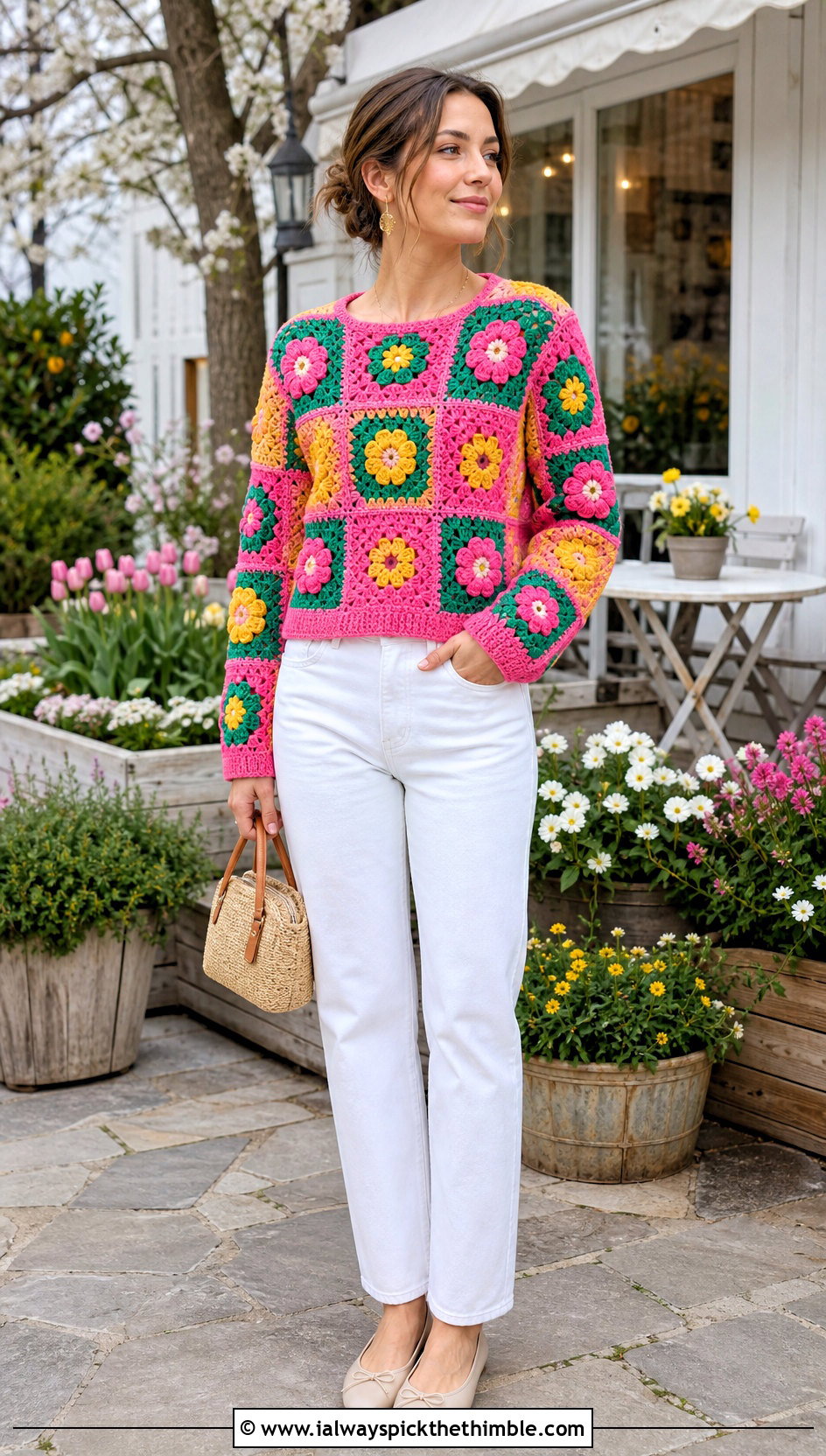 Flower Square Patchwork Crochet Sweater With White Denim - 25 patchwork crochet sweater outfit ideas