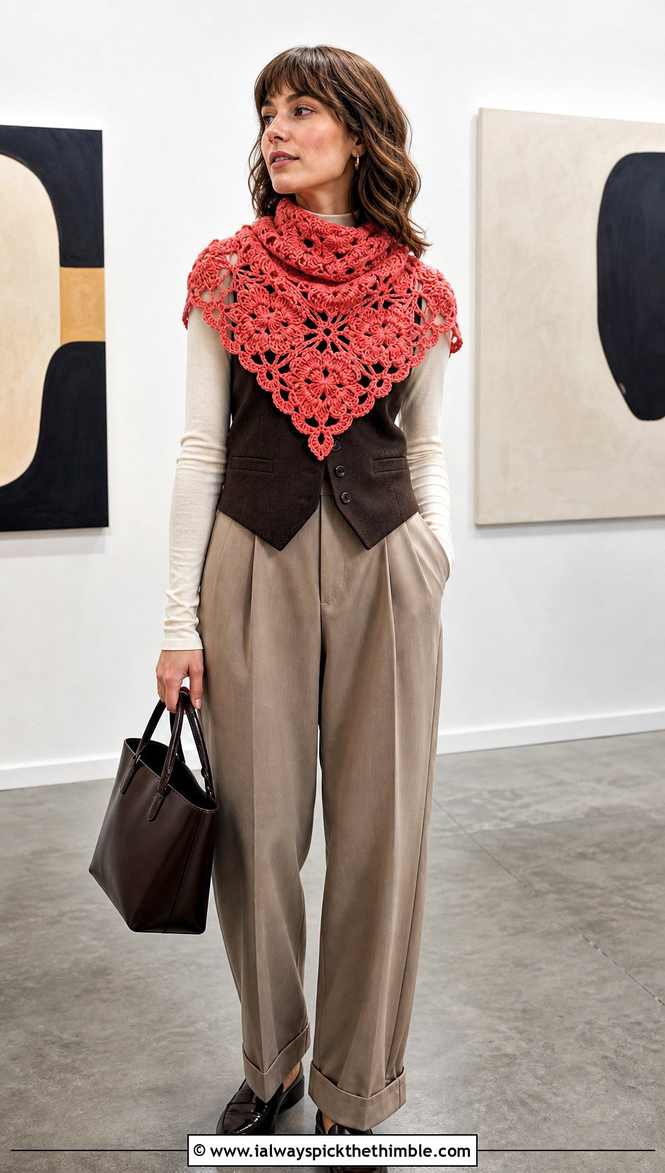 Flower Triangle Crochet Scarf With Vest And Trousers - 25 crochet flower scarf outfit ideas