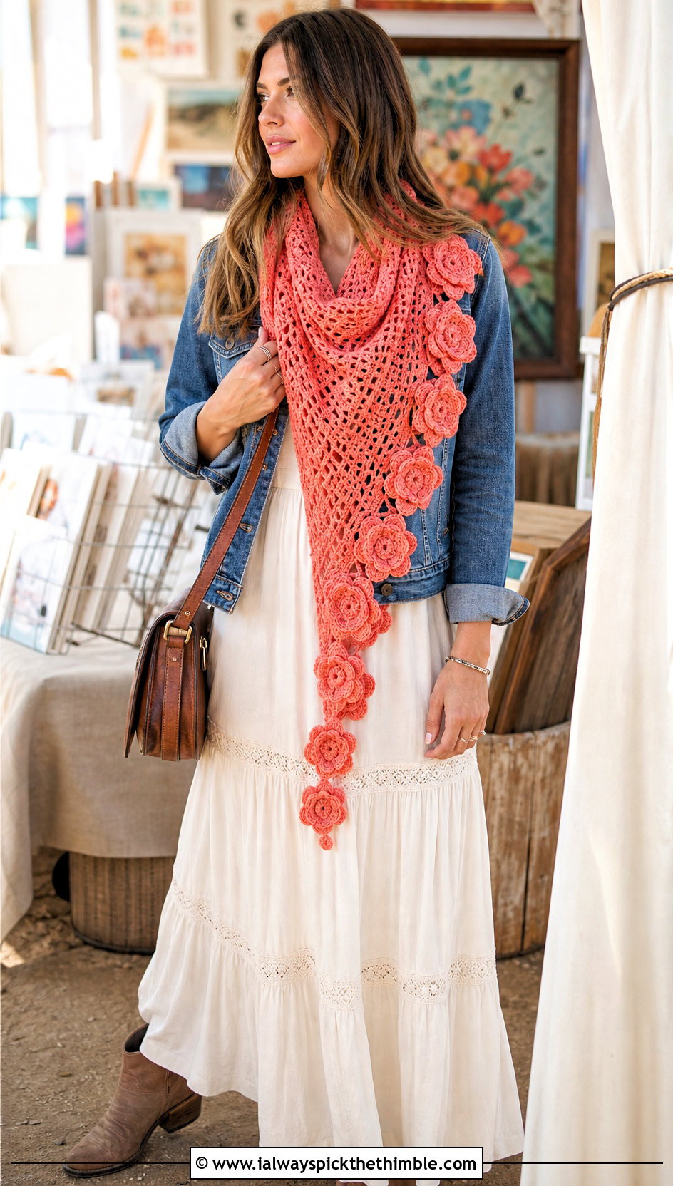 Flower Trim Crochet Road Trip Scarf With Maxi Dress - 15 Crochet Road Trip Scarf outfit ideas