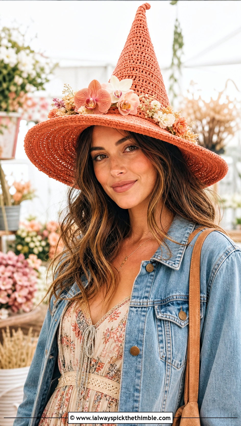 Flower Trim Crochet Witch Hat With Boho Maxi Dress - 25 crochet witch hat outfit ideas