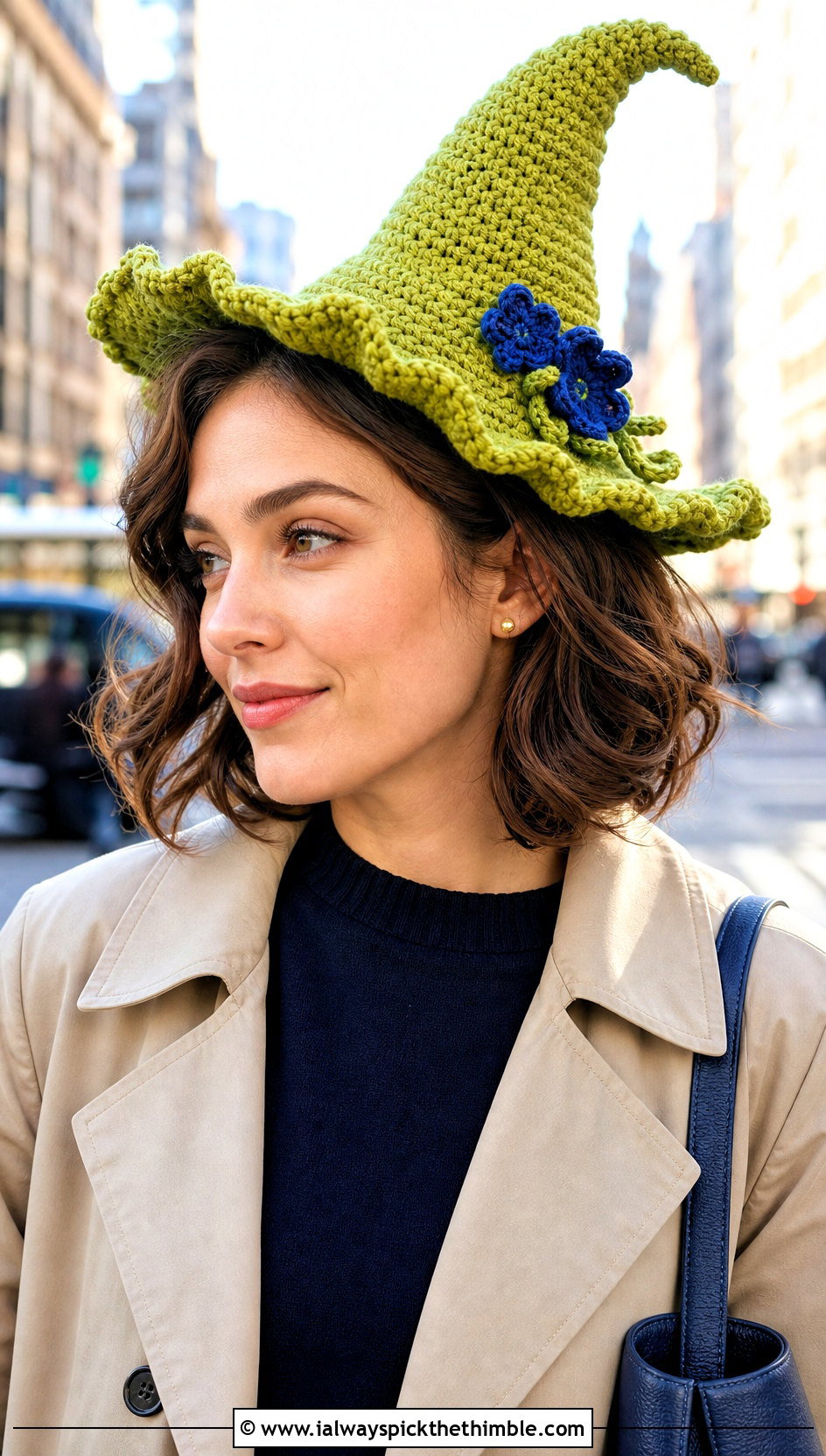 Flower Trim Mini Crochet Witch Hat With Trench Coat - 20 Mini Crochet Witch Hat outfit ideas