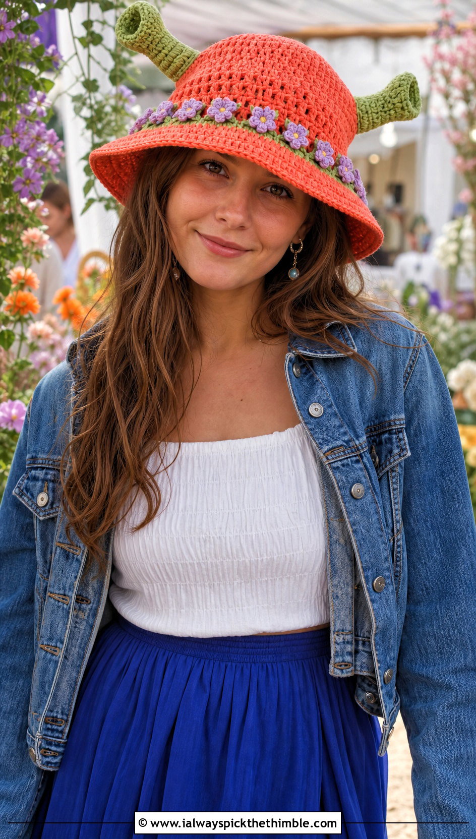 Flower Trimmed Crochet Shrek Bucket Hat With Maxi Skirt - 15 Crochet Shrek Bucket Hat outfit ideas