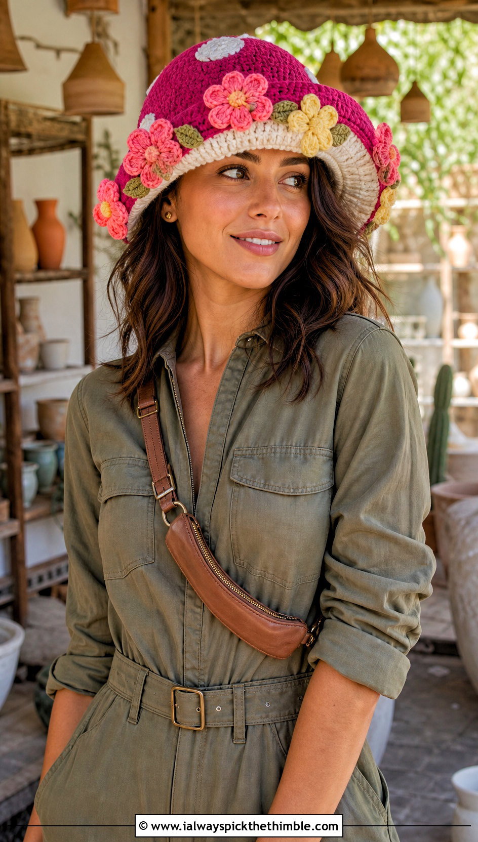 Flower Trimmed Mushroom Crochet Hat With Utility Jumpsuit - 20 mushroom crochet hat outfit ideas