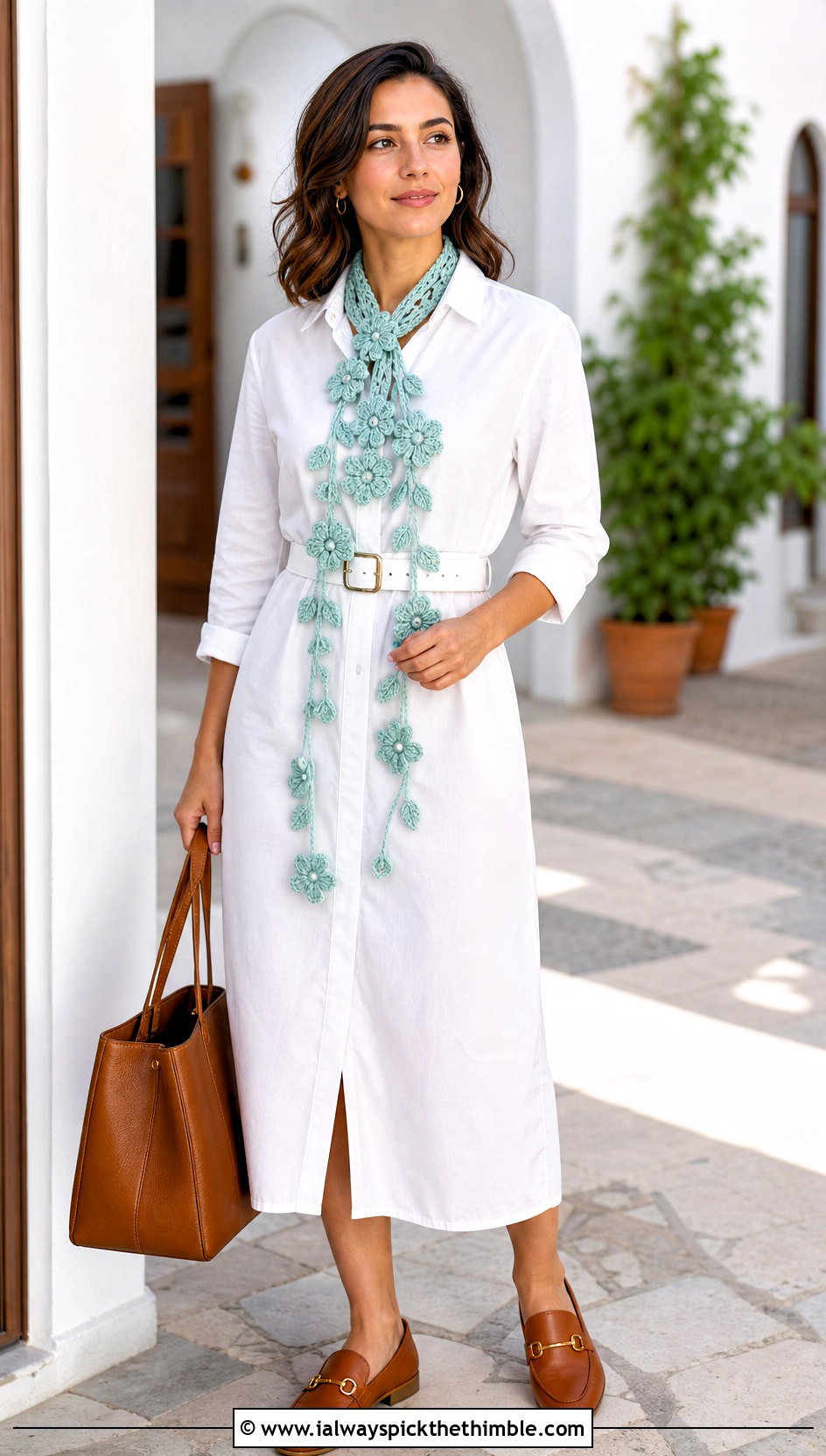 Flower Vine Crochet Scarf With Shirt Dress And Loafers - 20 crochet scarf with flowers outfit ideas