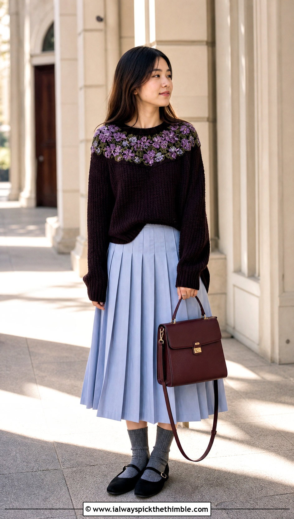 Flower Yoke Crochet Sweater With Pleated Midi Skirt - 20 flower crochet sweater outfit ideas