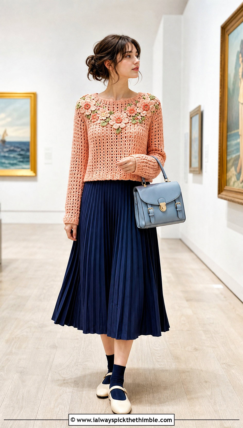 Flower Yoke Sweater With Pleated Midi Skirt - 15 floral crochet sweater style outfit ideas