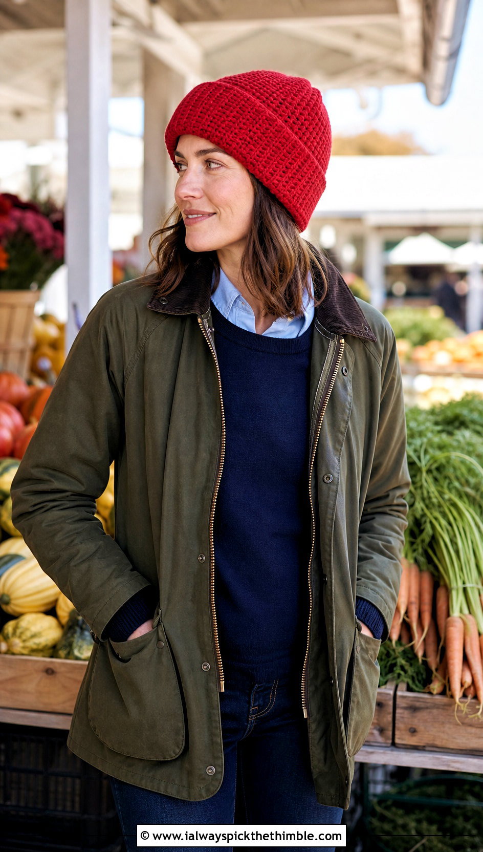 Fold Over Brim Crochet Beanie With Barn Jacket - 20 classic crochet beanie outfit ideas