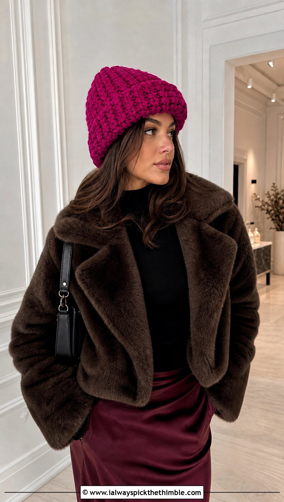 Fold Over Brim Crochet Beanie With Faux Fur Coat And Satin Skirt - 20 bulky yarn crochet beanie outfit ideas