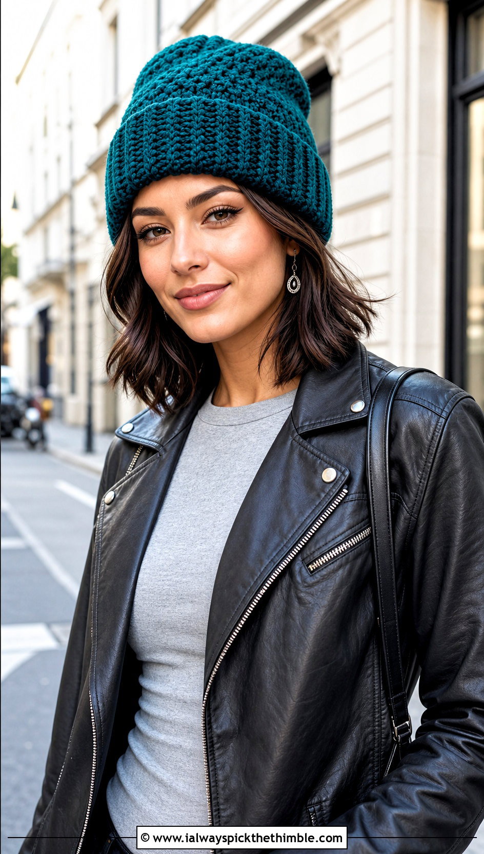 Fold Over Burst Crochet Beanie With Leather Jacket - 15 burst crochet beanie outfit ideas