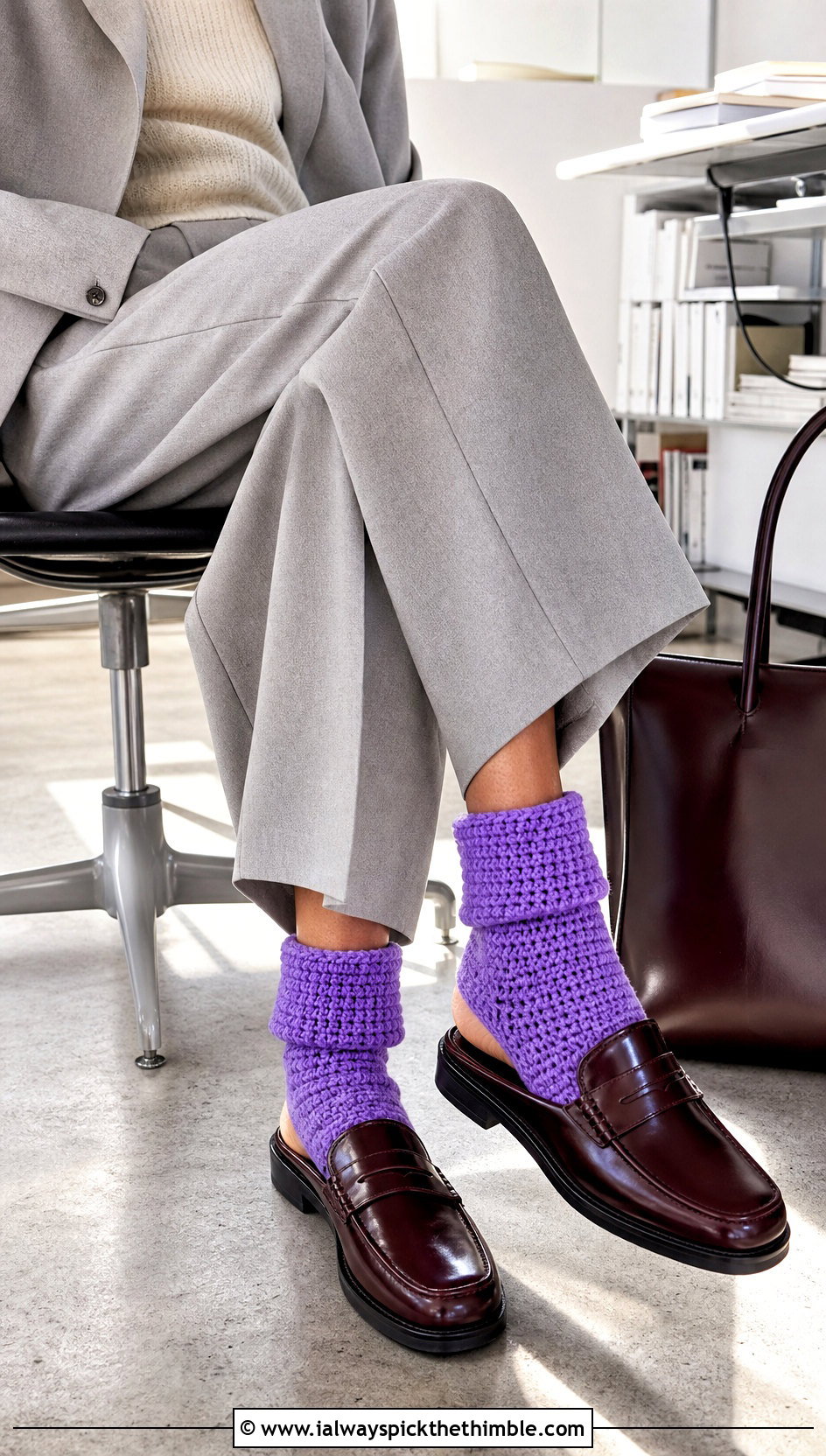 Fold Over Chunky Crochet Socks With Wide Leg Trousers - 15 crochet sock chunky yarn outfit ideas