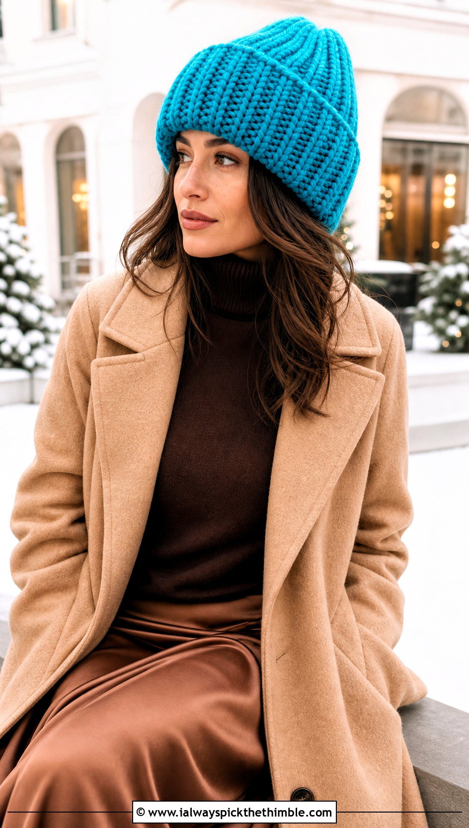 Fold Over Crochet Beanie With Camel Coat And Satin Skirt - 20 crochet beanies for women outfit ideas