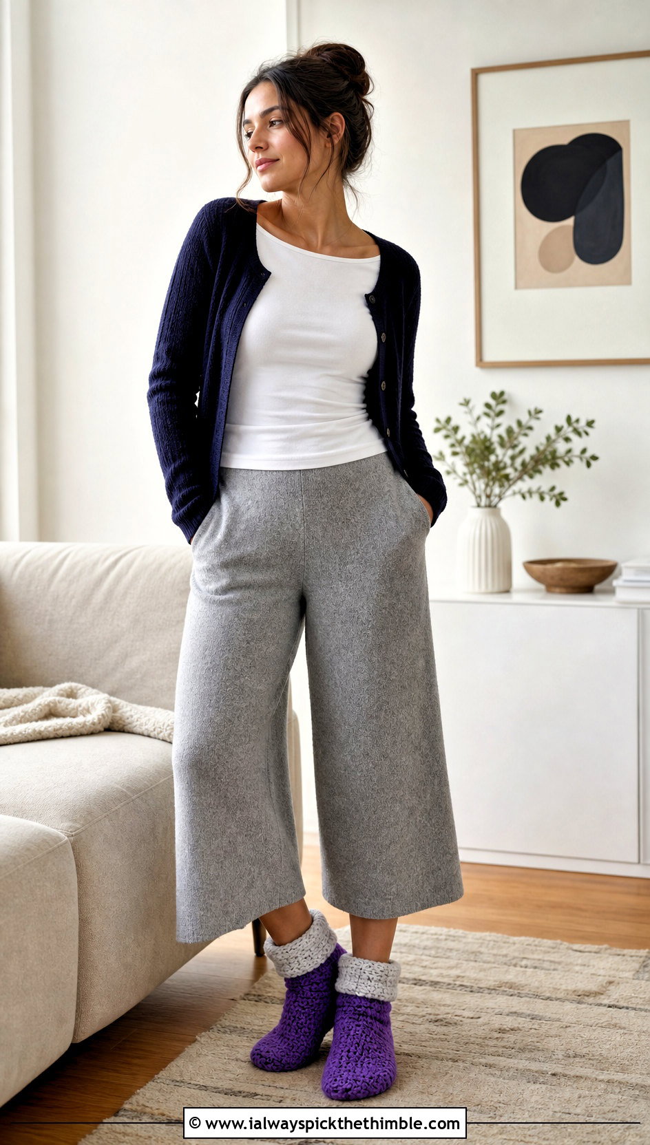 Fold Over Crochet Bed Socks With Wide Leg Pants - 25 crochet bed socks outfit ideas