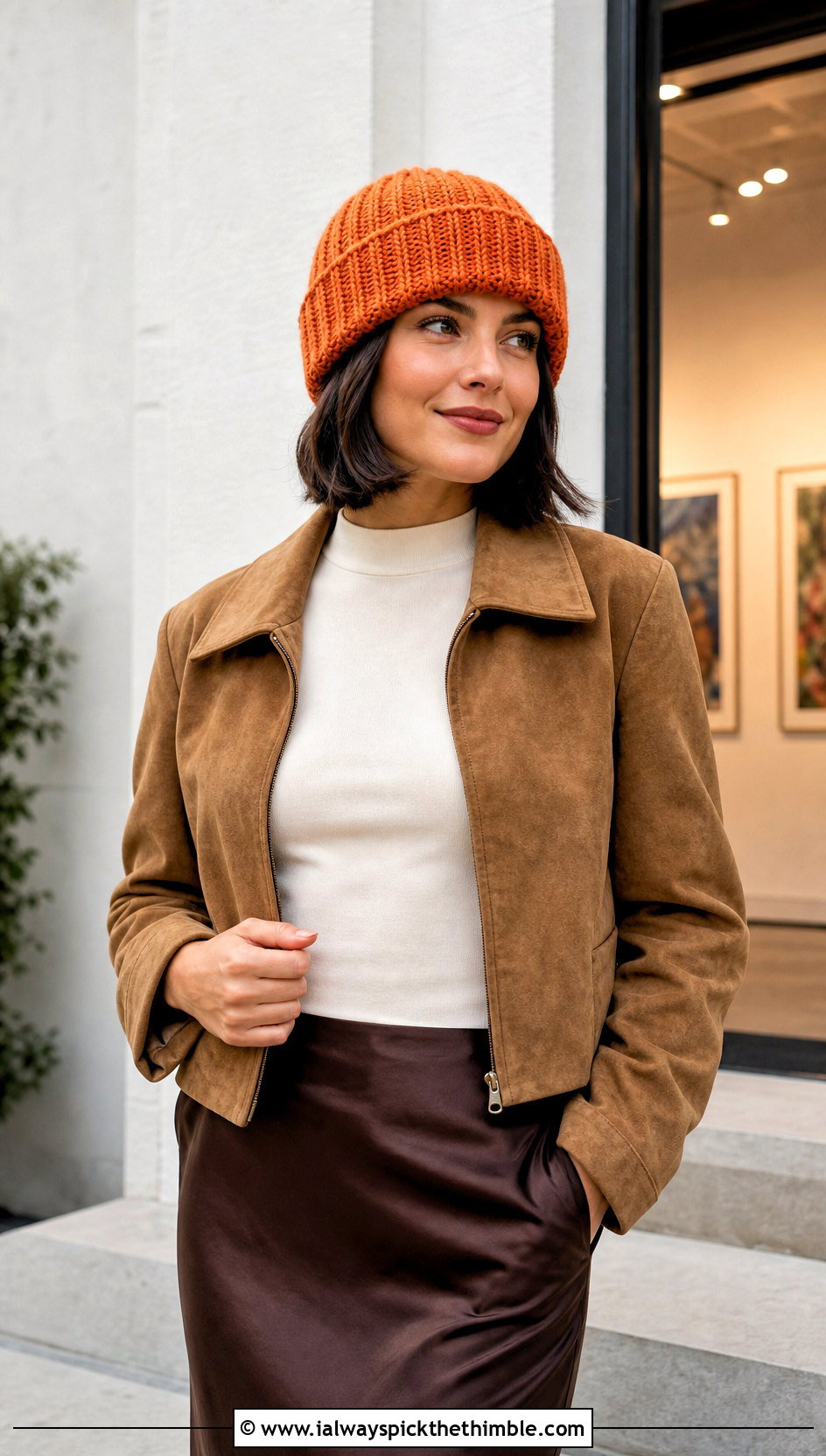 Fold Over Crochet Ribbed Beanie With Suede Jacket And Satin Skirt - 20 Easy Crochet Ribbed Hat outfit ideas
