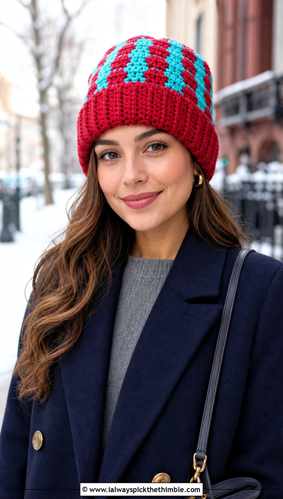 Fold Over Cuff Checkered Beanie With Sweater Dress - 25 crochet checkered beanie outfit ideas