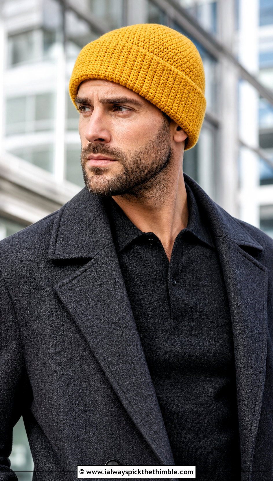 Fold Over Cuff Crochet Beanie With Office Casual Outfit - 25 Men Crochet Beanie outfit ideas