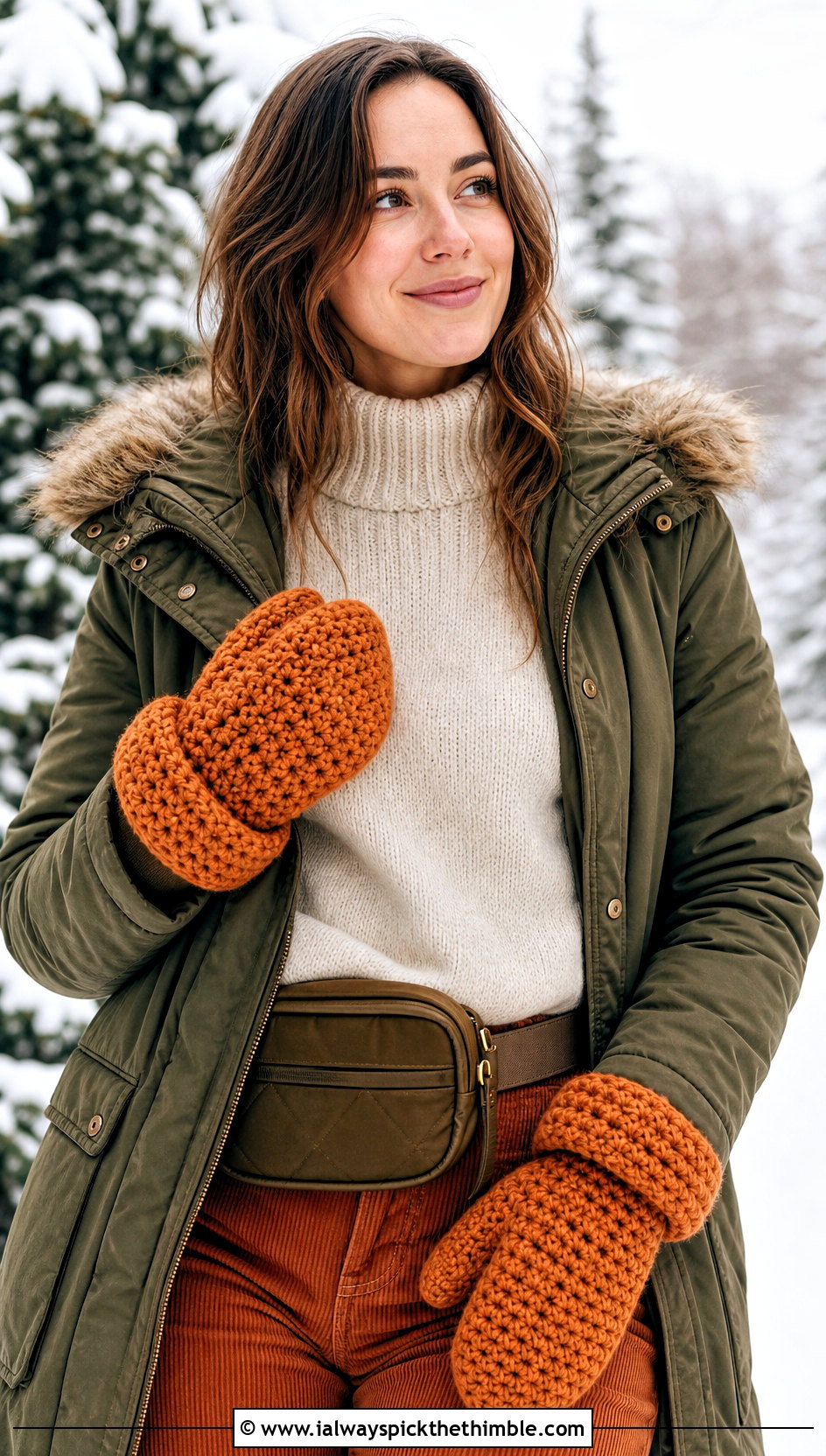 Fold Over Cuff Crochet Chunky Mittens With Parka And Corduroy Pants - 20 crochet chunky mittens outfit ideas