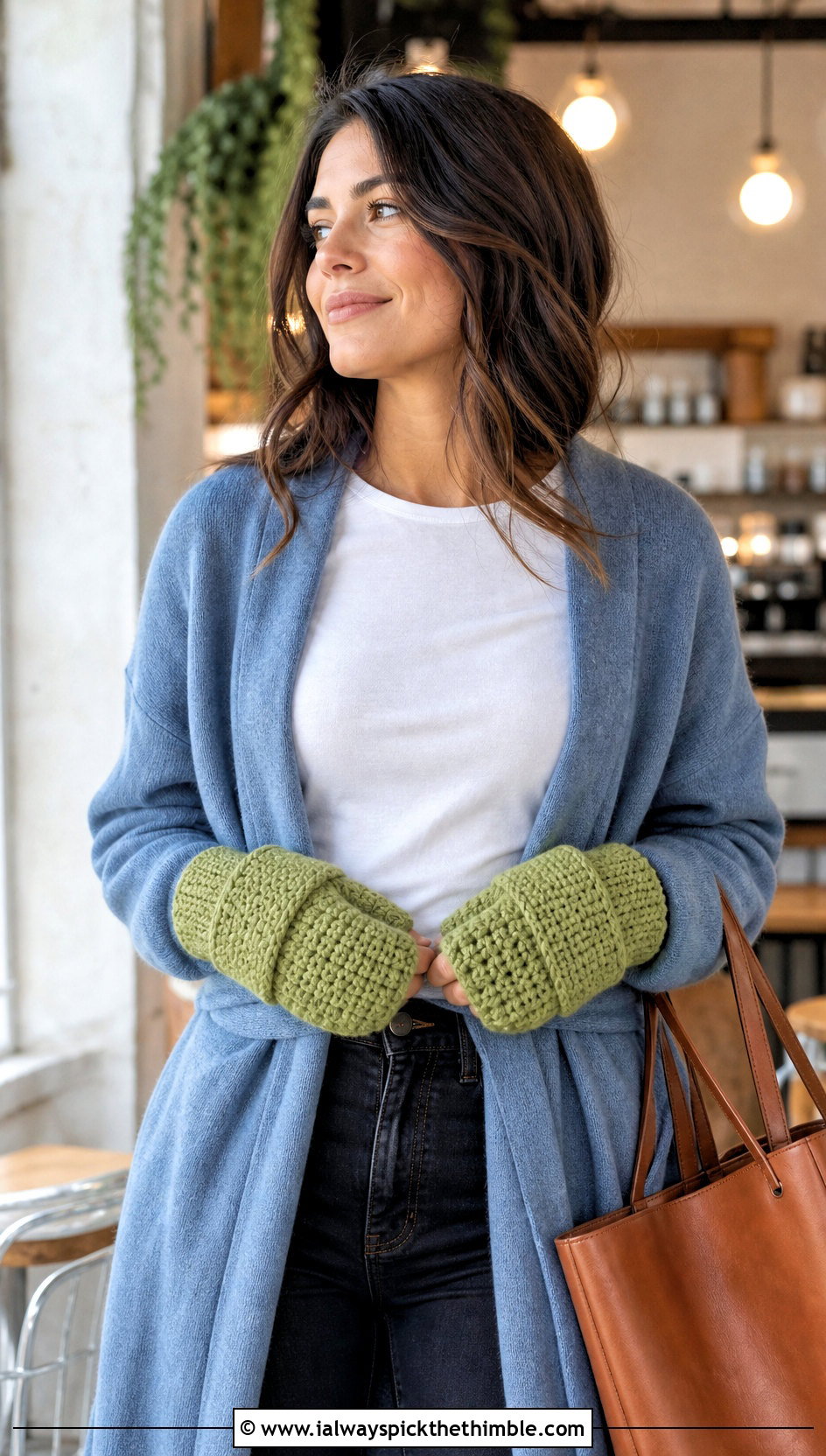 Fold Over Cuff Crochet Mittens With Cardigan And Jeans - 25 easy crochet mittens for beginners outfit ideas