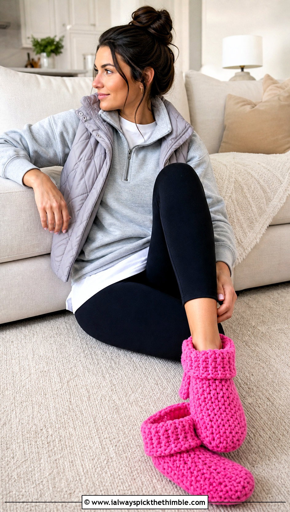 Fold Over Cuff Crochet Slippers With Leggings - 20 Folded Crochet Slippers outfit ideas