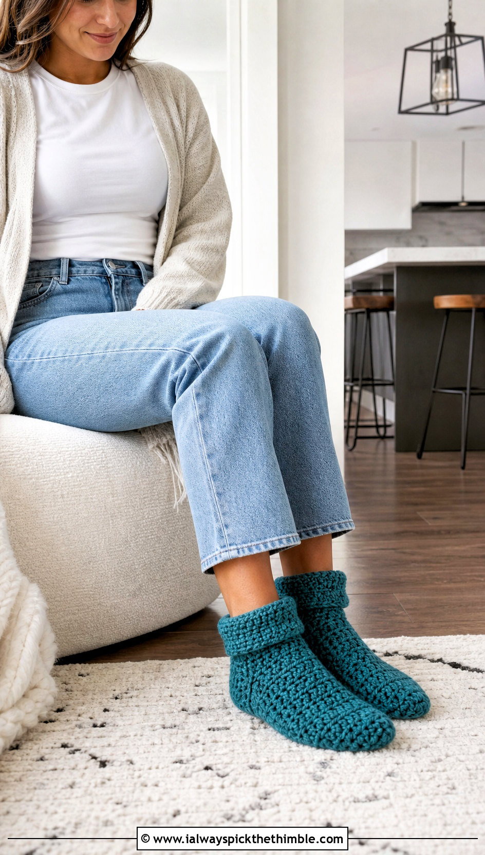 Fold Over Cuff Crochet Sock Slippers With Jeans And Cardigan - 20 crochet sock slippers outfit ideas