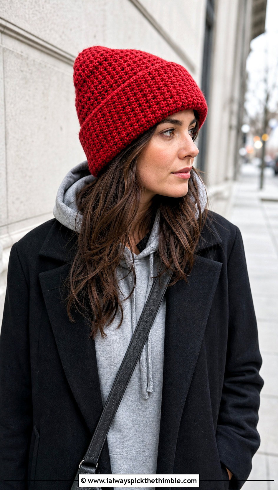Fold Over Waffle Crochet Beanie With Hoodie And Coat - 20 Waffle Crochet Hat outfit ideas