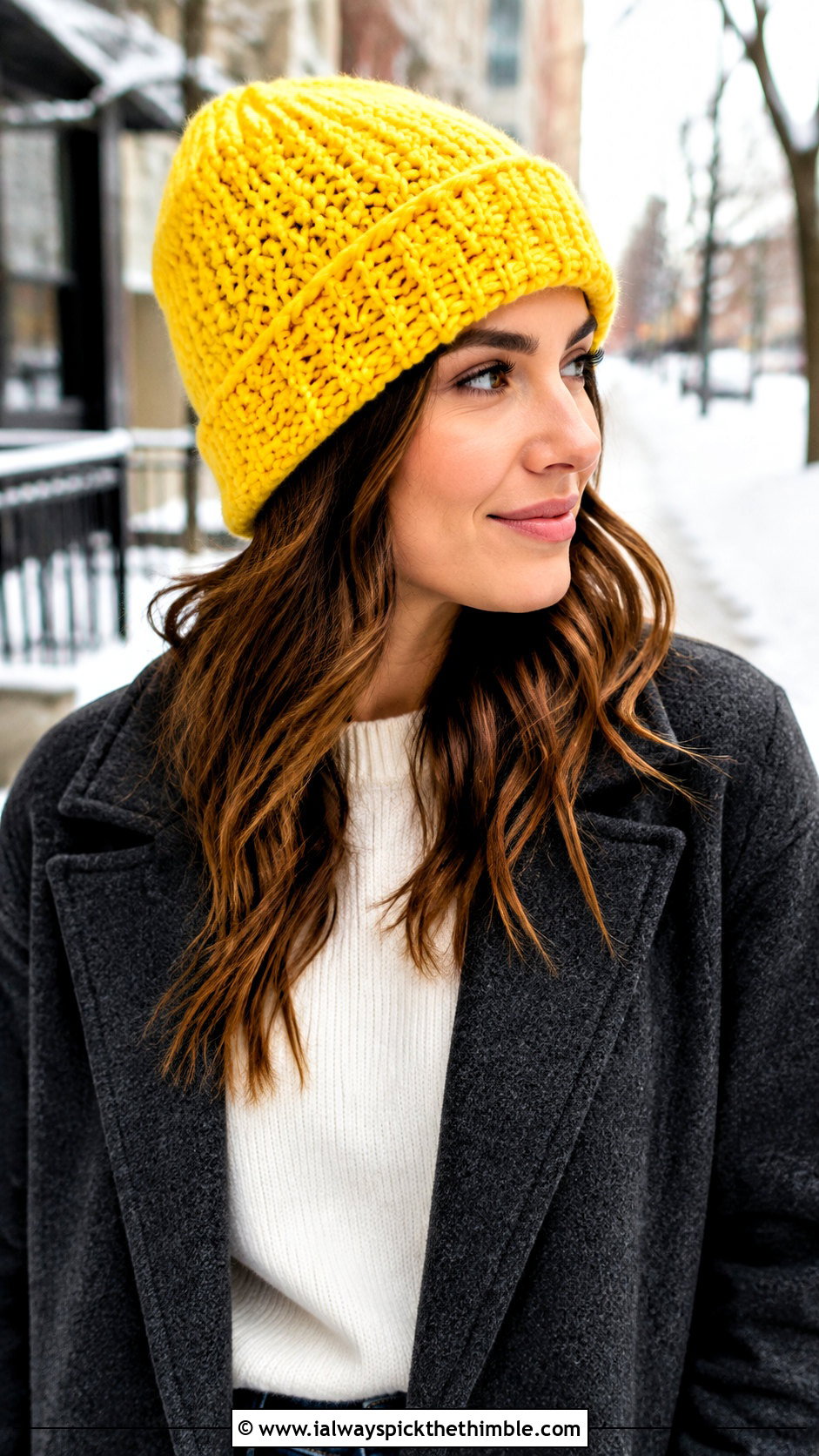 Folded Brim Alpine Stitch Beanie With Wool Coat And Jeans - 15 Alpine Stitch Crochet Hat outfit ideas