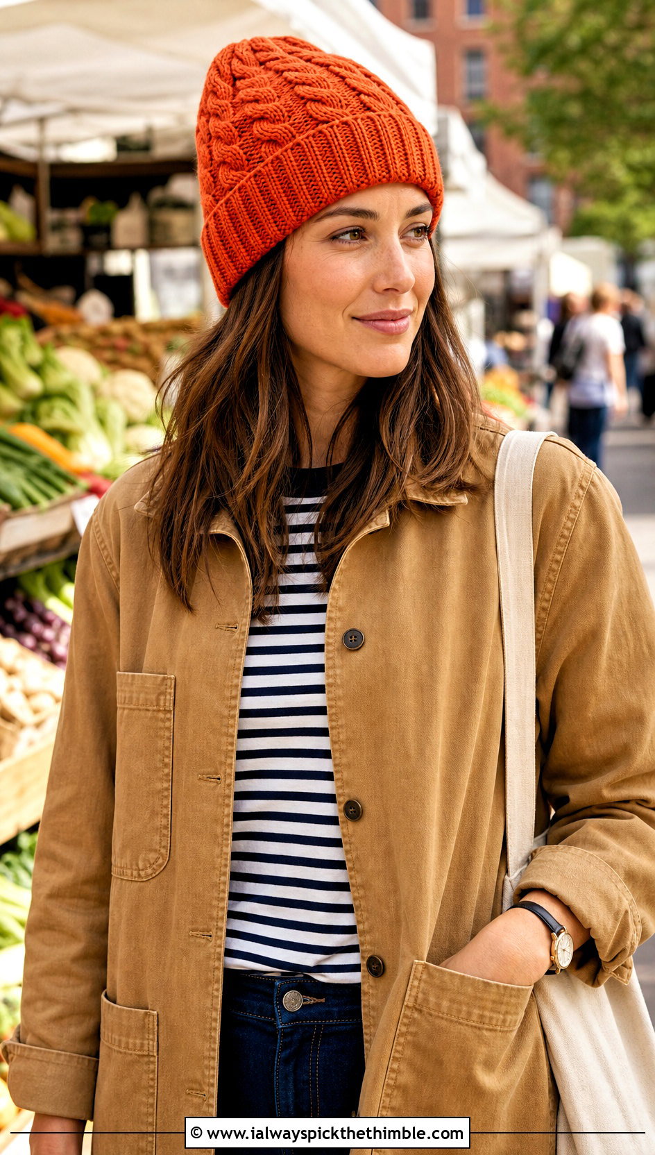 Folded Brim Cable Toque With Chore Coat - 20 Crochet Cable Stitch Hat outfit ideas