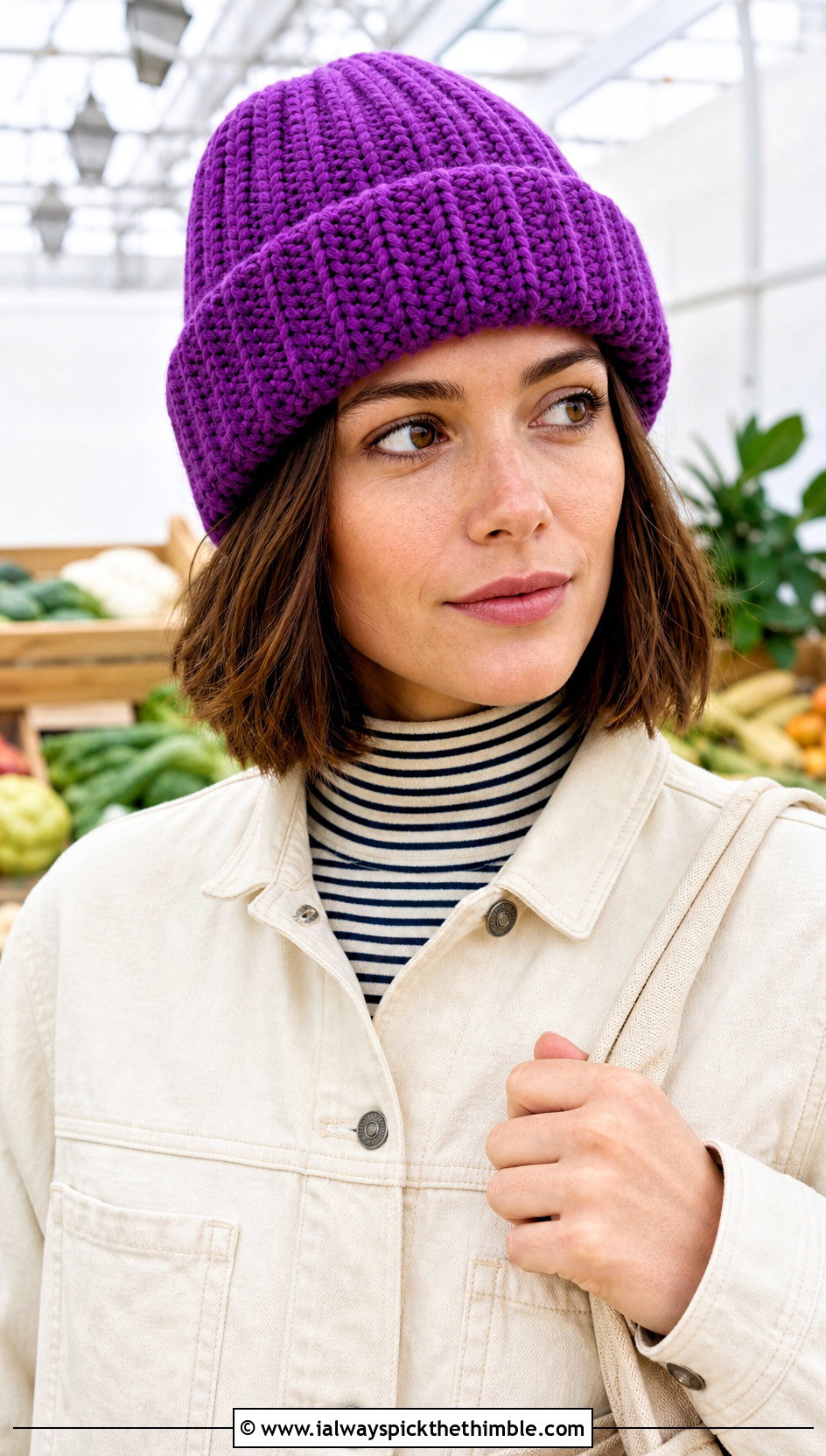Folded Brim Chunky Ribbed Crochet Hat With Denim Chore Jacket - 20 Chunky Ribbed Crochet Hat outfit ideas