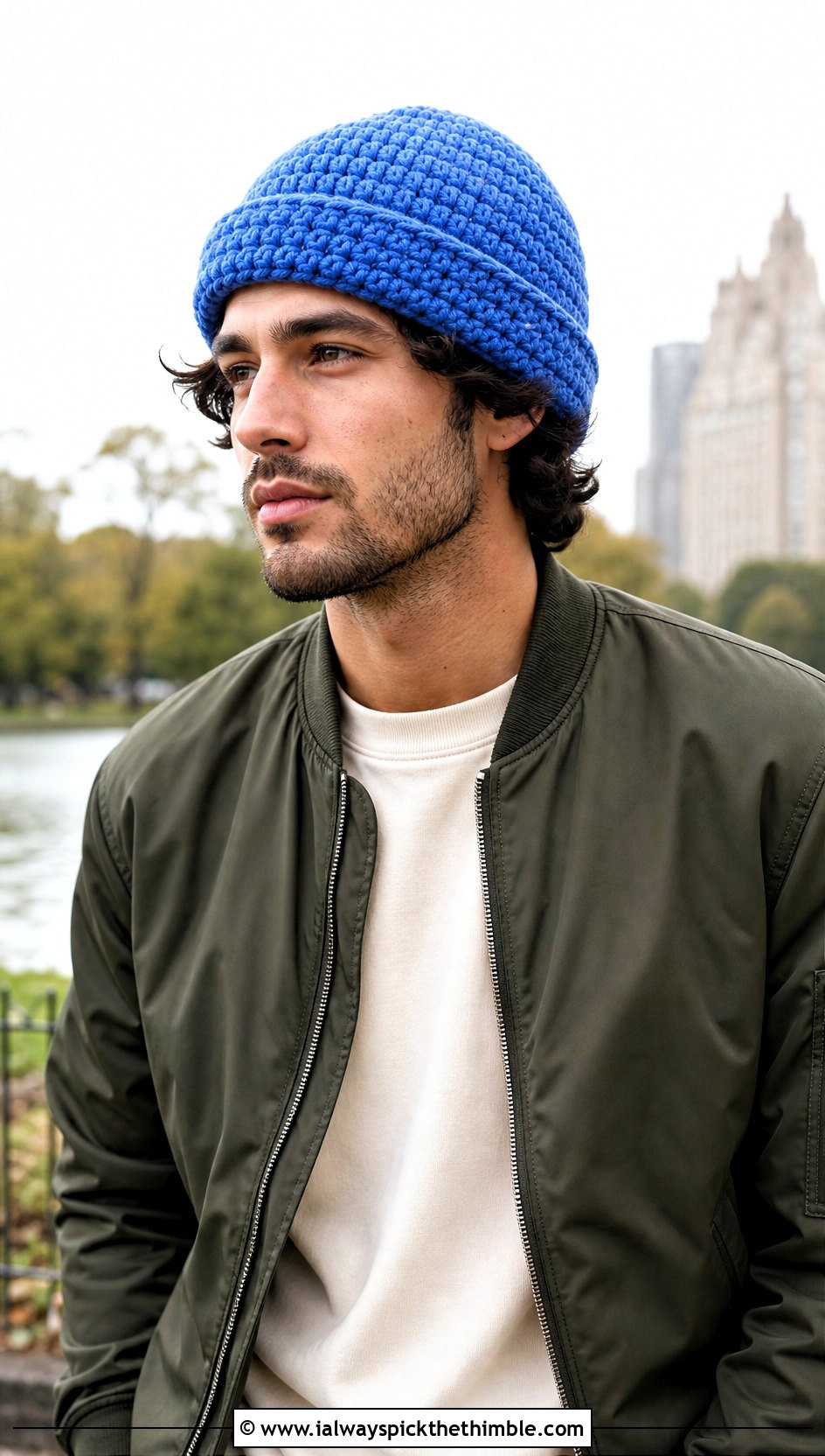 Folded Brim Crochet Beanie With Bomber Jacket - 20 crochet man beanie outfit ideas