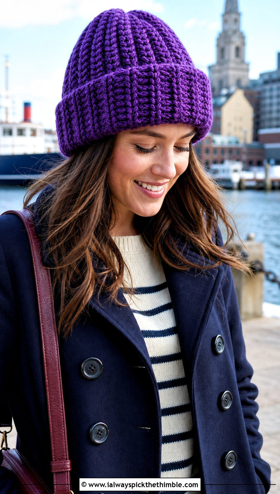Folded Brim Crochet Chunky Beanie With Peacoat And Dark Jeans - 25 crochet chunky beanie outfit ideas