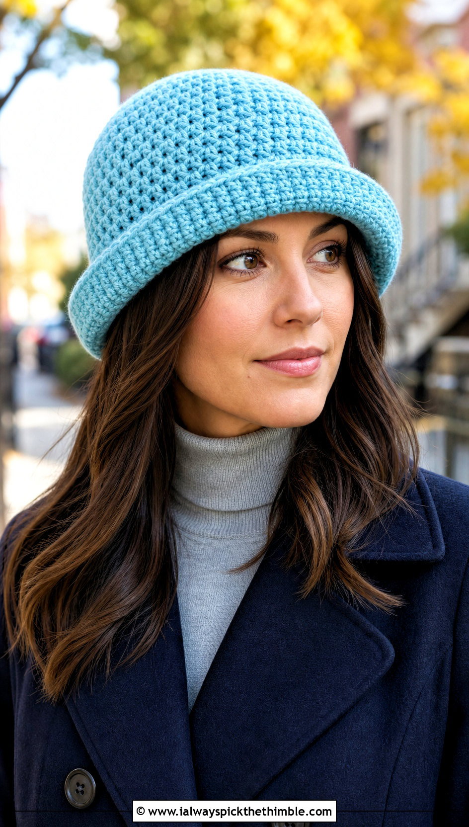 Folded Brim Crochet Cloche Hat With Peacoat And Wide Leg Jeans - 20 Cloche Crochet Hat outfit ideas