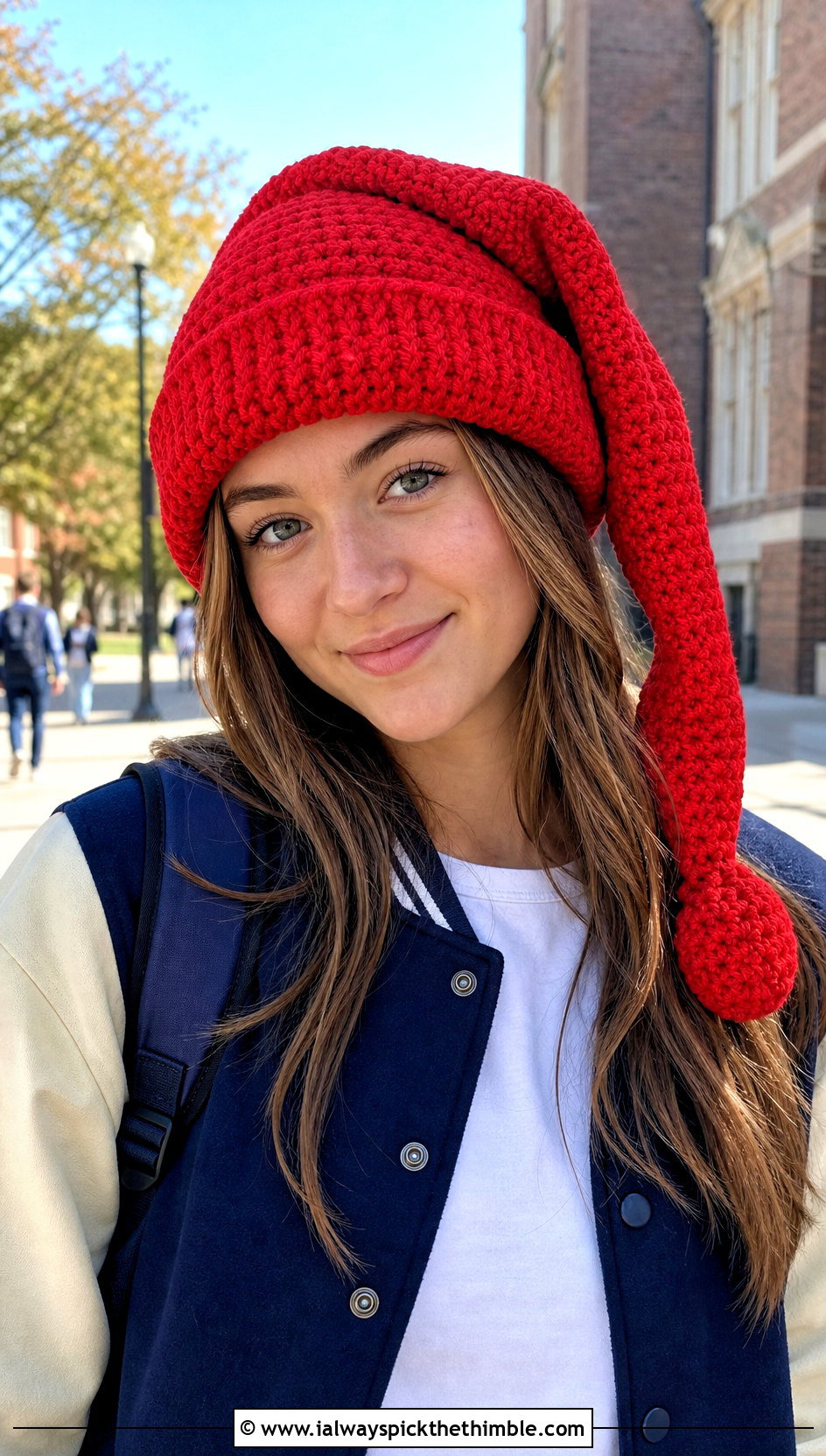 Folded Brim Crochet Link Hat With Varsity Jacket - 20 crochet link hat outfit ideas