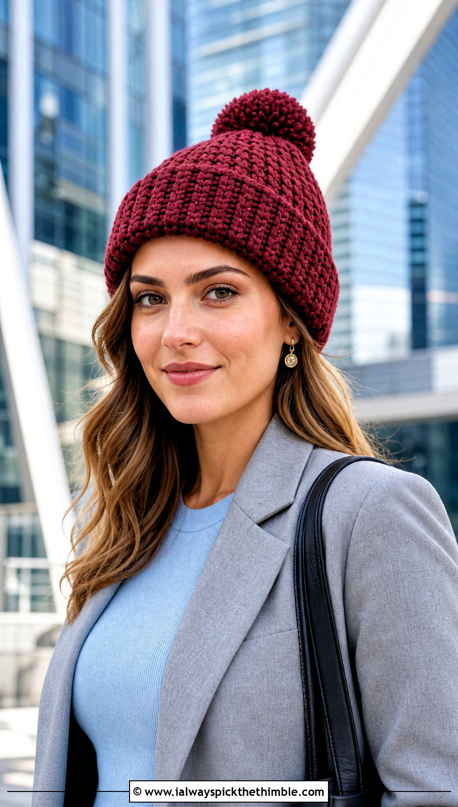 Folded Brim Crochet Pom Pom Beanie With Tailored Suit - 20 crochet beanie with pom pom outfit ideas