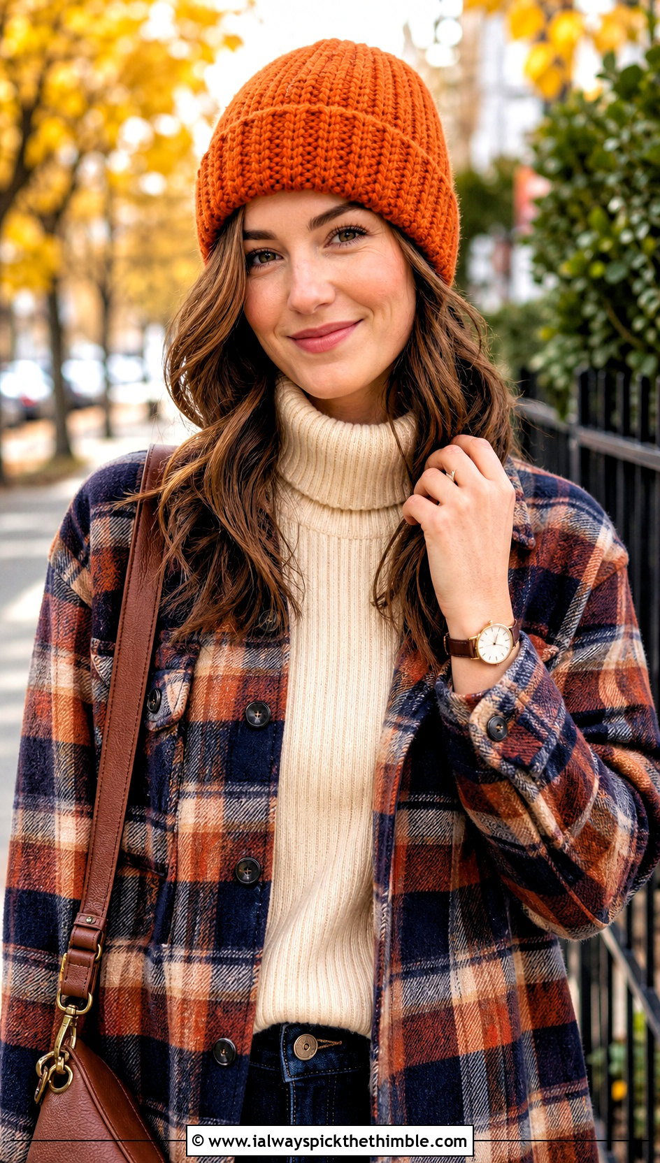 Folded Brim Crochet Ribbed Beanie With Plaid Shacket - 20 easy crochet ribbed beanie outfit ideas