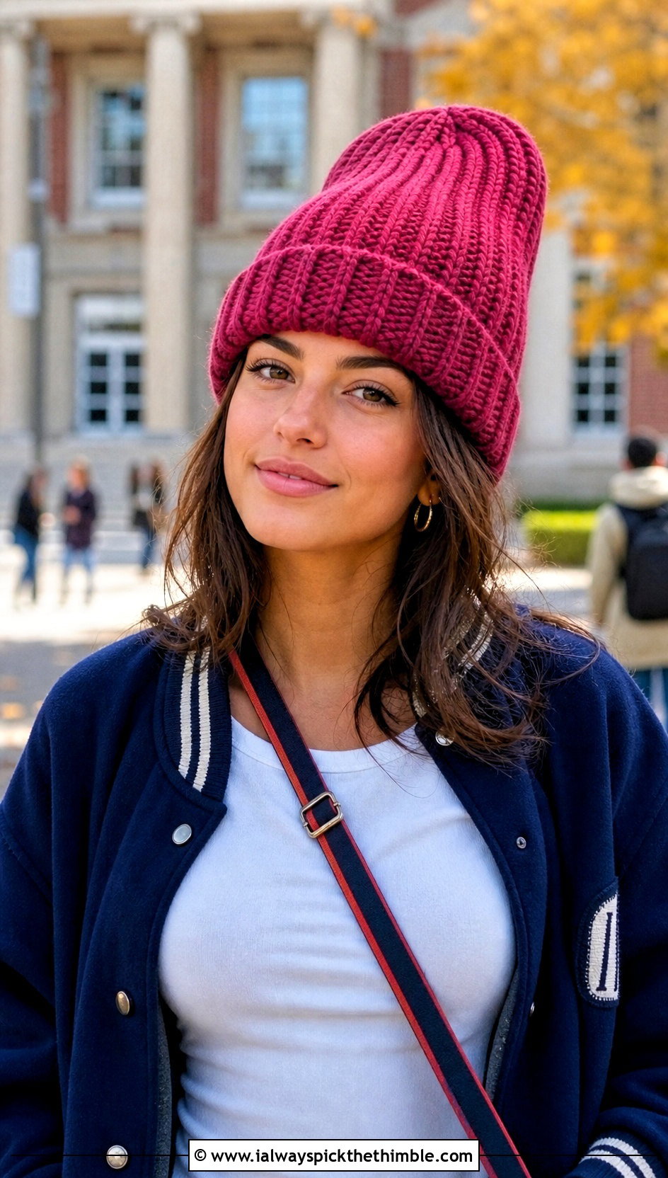 Folded Brim Long Crochet Hat With Varsity Jacket - 20 crochet long hat outfit ideas