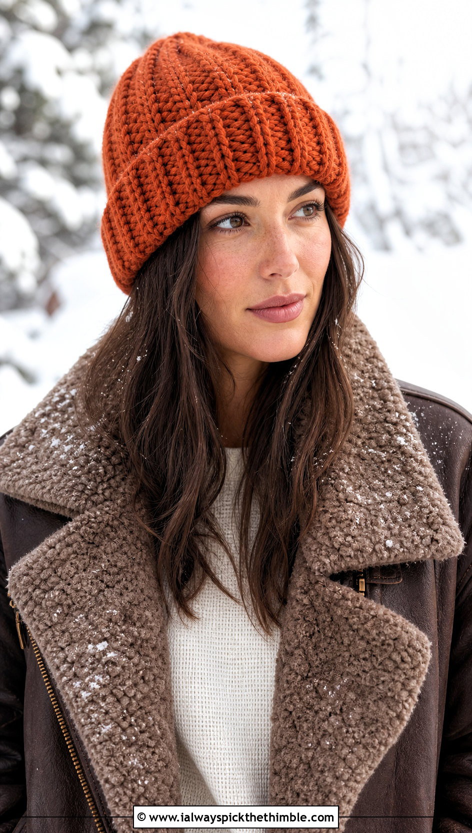 Folded Brim Short Row Beanie With Shearling Jacket - 20 Crochet Short Row Beanie outfit ideas