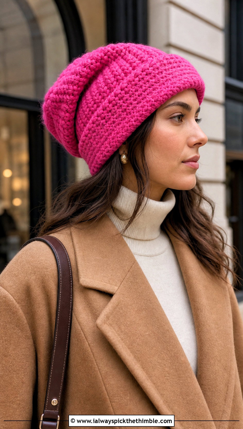 Folded Brim Slouchy Crochet Beanie With Camel Coat - 25 slouchy crochet beanie outfit ideas