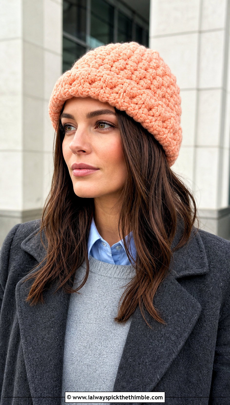 Folded Brim Snowy Puff Crochet Hat With Wool Coat - 15 snowy puff crochet hat outfit ideas