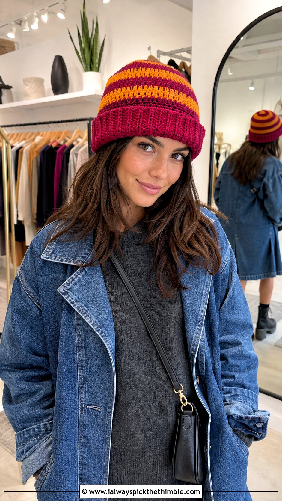 Folded Brim Striped Crochet Beanie With Sweater Dress - 20 2 color crochet beanie hat outfit ideas