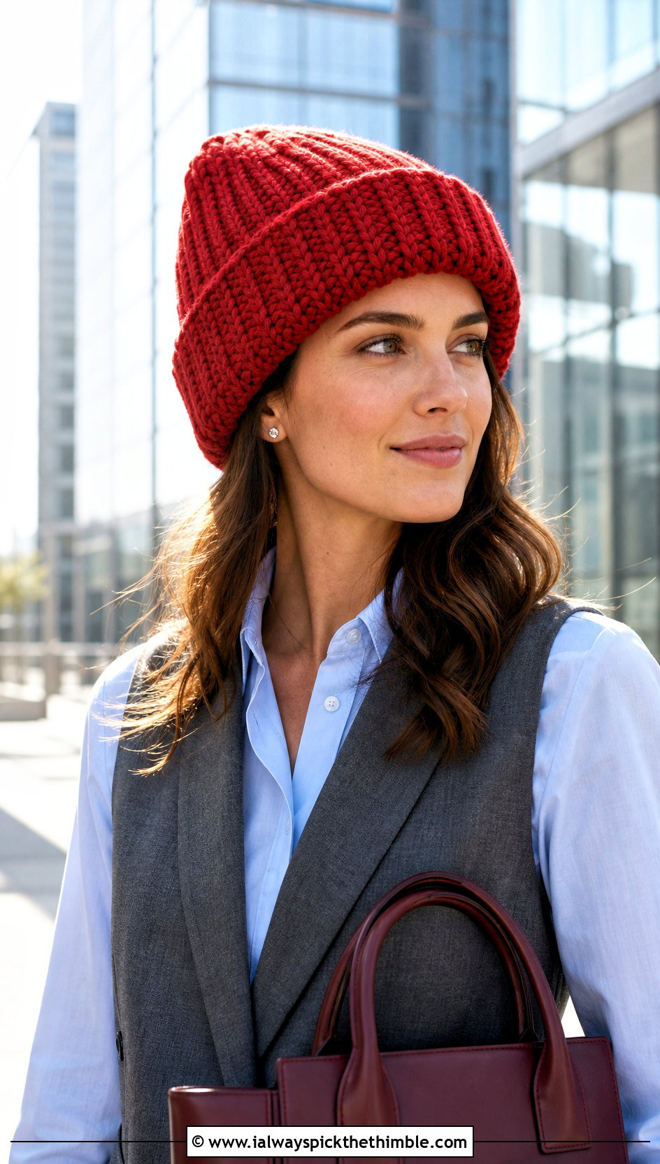 Folded Cuff Large Crochet Beanie With Tailored Vest And Trousers - 15 large crochet beanie outfit ideas
