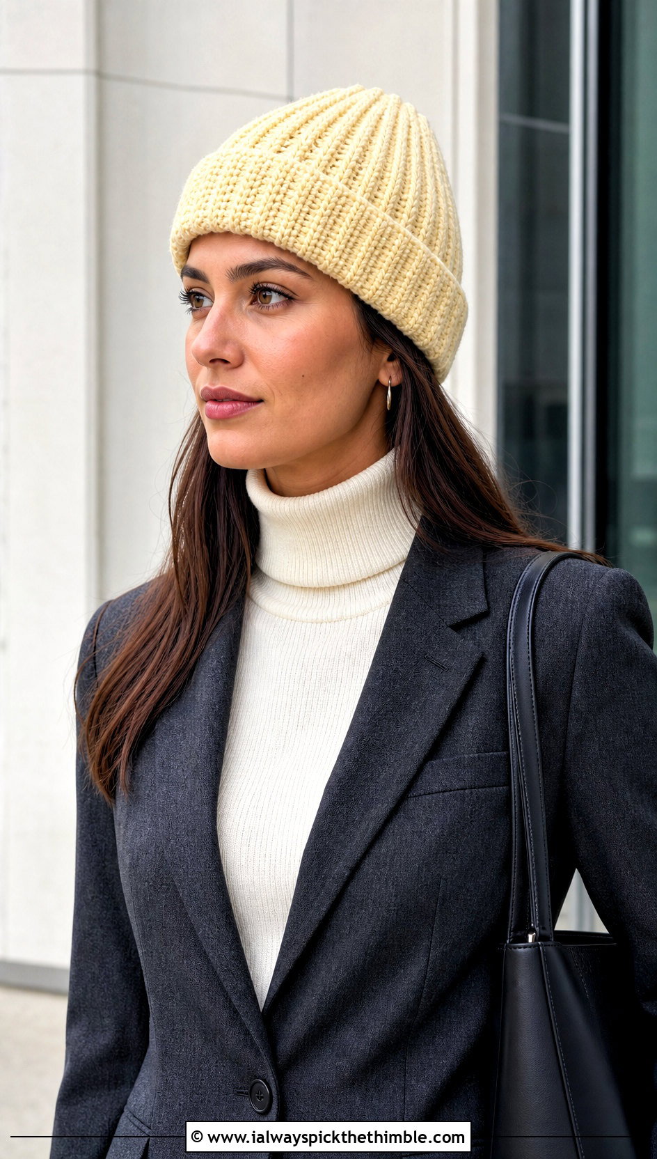 Folded Cuff Ribbed Crocheted Stocking Cap With Pantsuit - 15 Crocheted Stocking Cap outfit ideas