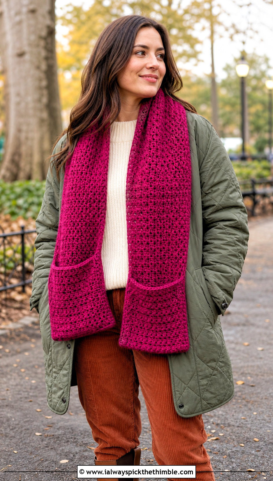 Folded End Pocket Scarf With Quilted Coat - 20 crochet pocket scarves outfit ideas