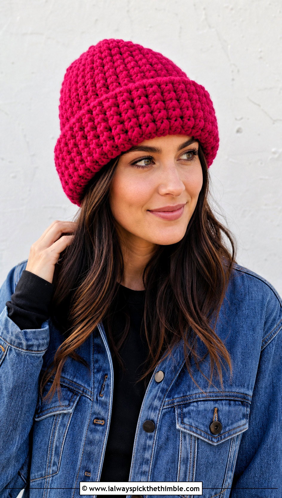 Foldover Bulky Crochet Toque With Denim Shacket - 15 Easy Bulky Crochet Hat outfit ideas