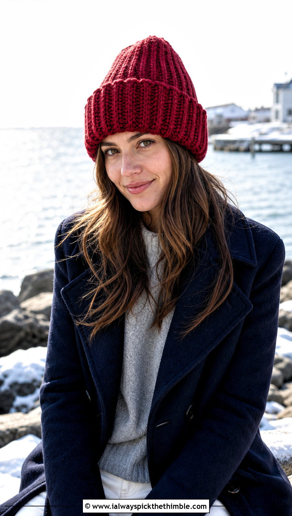 Foldover Crochet Beanie With Peacoat And White Jeans - 25 aesthetic crochet beanie outfit ideas