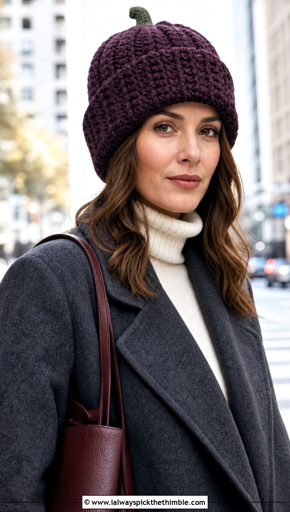 Foldover Cuff Crochet Pumpkin Beanie With Wool Coat - 20 crochet pumpkin beanie outfit ideas