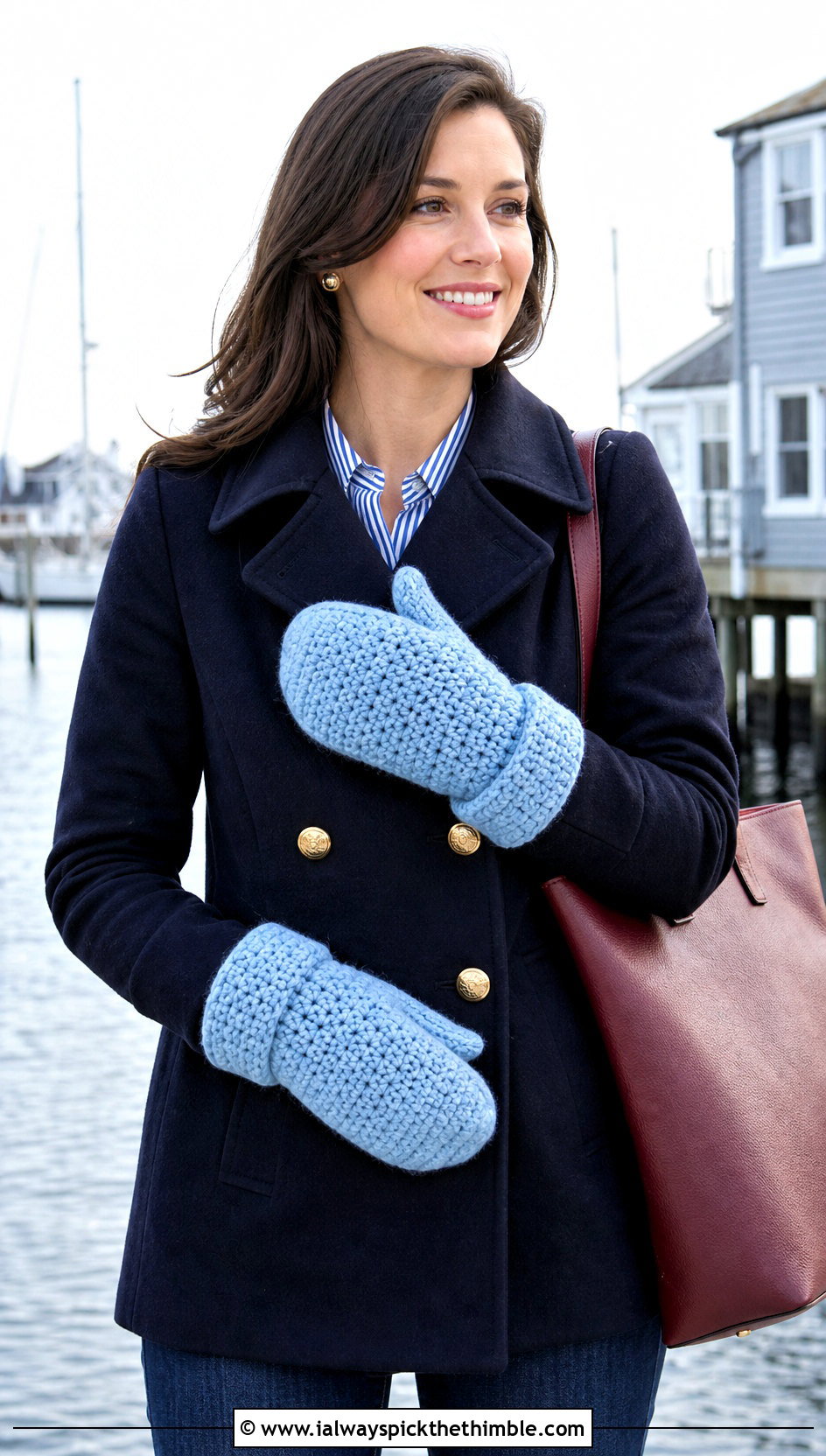 Foldover Cuff Crocheted Mittens With Peacoat - 20 Easy Crocheted Mittens outfit ideas