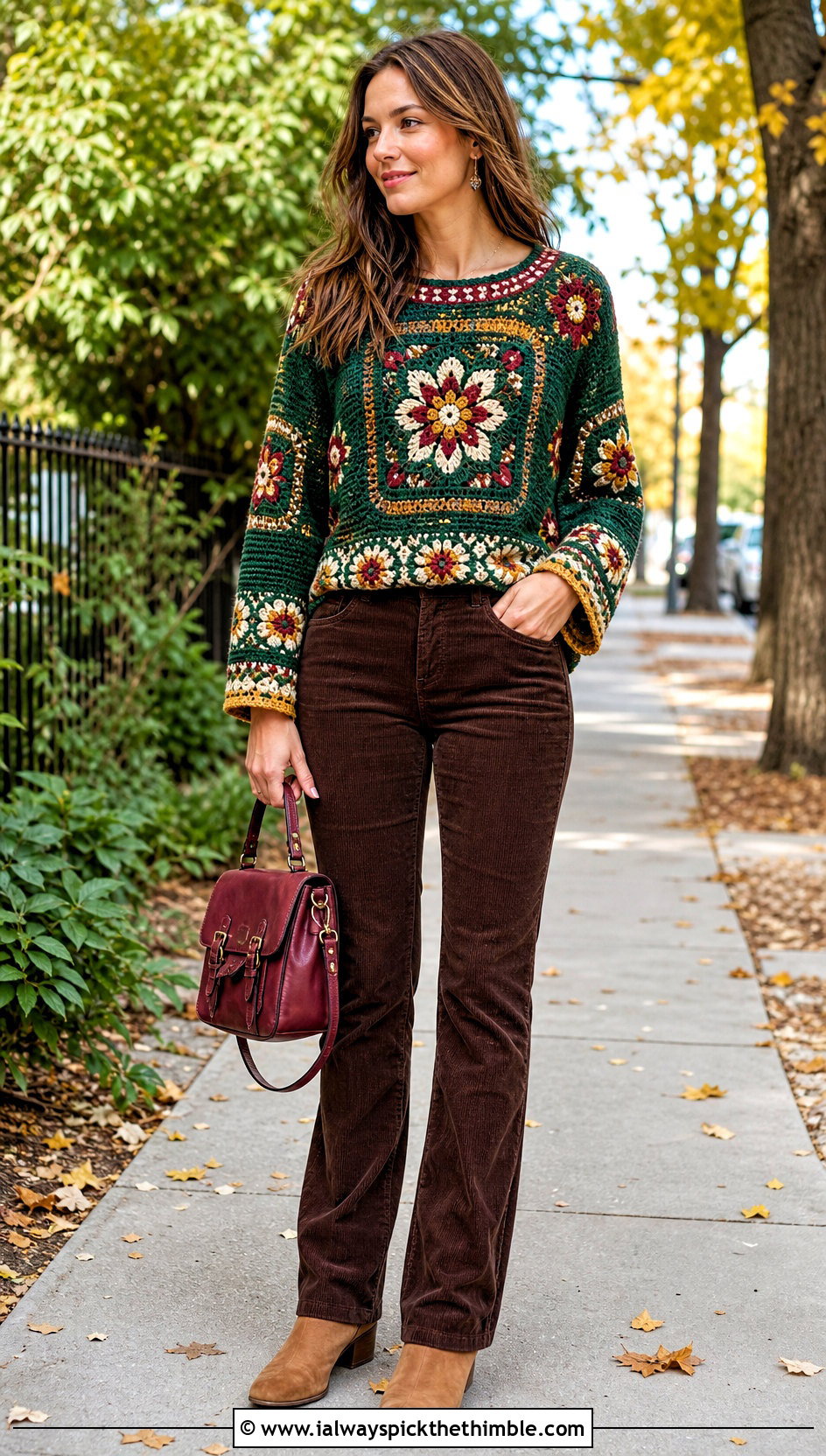 Folk Motif Tapestry Crochet Jumper With Corduroy Pants - 20 Tapestry Crochet Jumper outfit ideas