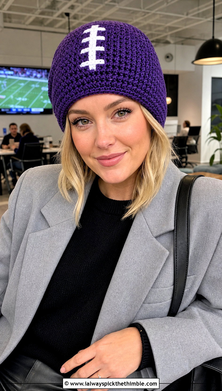 Football Lace Crochet Beanie With Oversized Blazer - 15 Crochet Football Team Hat outfit ideas