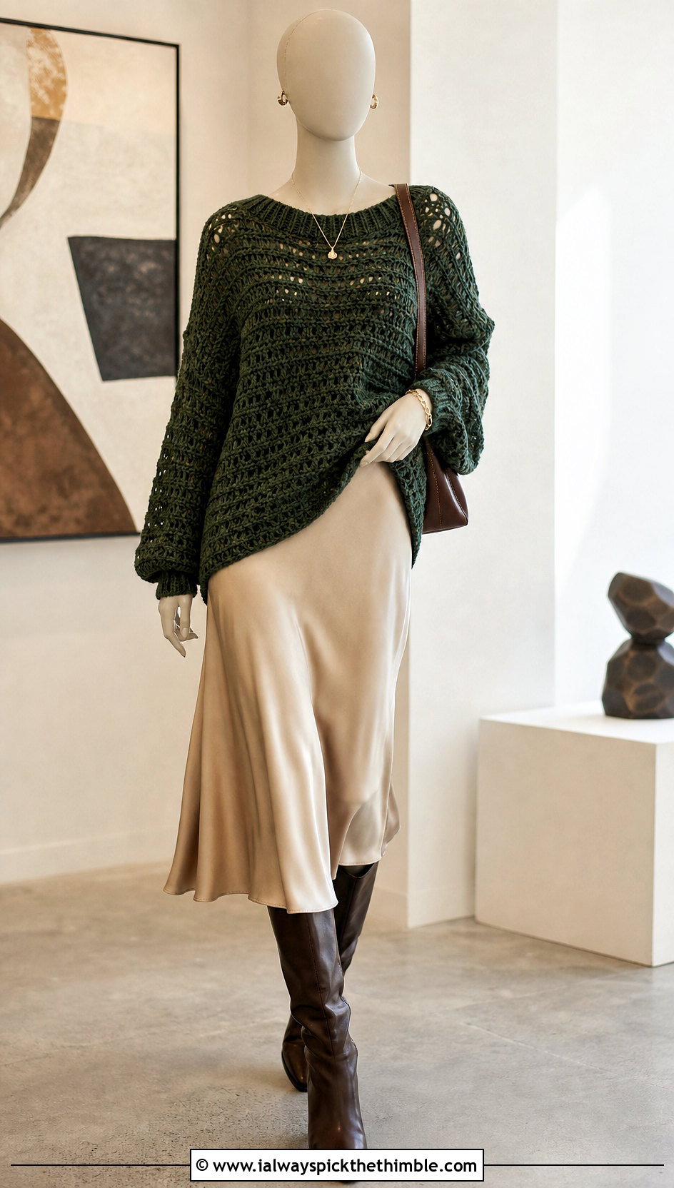 Forest Green Oversized Crochet Sweater With Satin Midi Skirt - 15 Green Crochet Sweater On Mannequin outfit ideas