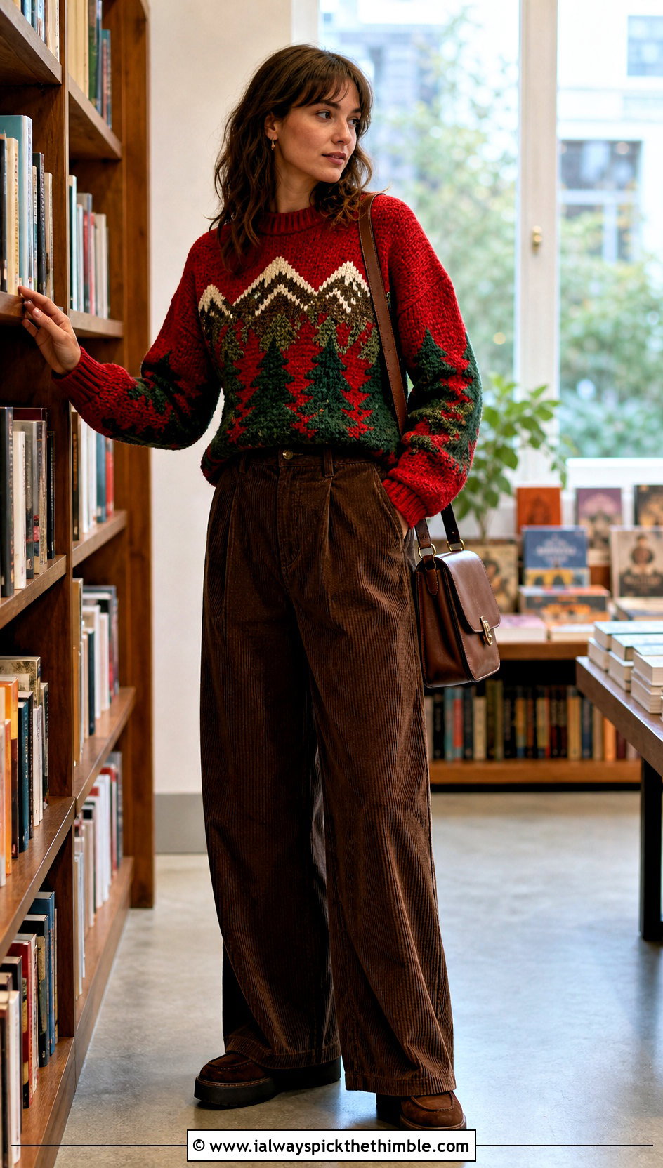 Forest Mountain Pullover With Wide Leg Corduroy Pants - 15 Crochet Mountain Sweater outfit ideas